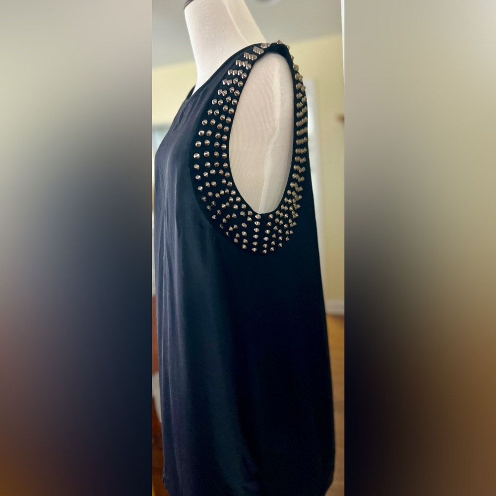 vintage Haute Hippie Dress Black Shift Mini Sleeveless Silver Spike Trim L 2000s - Picture 7 of 11